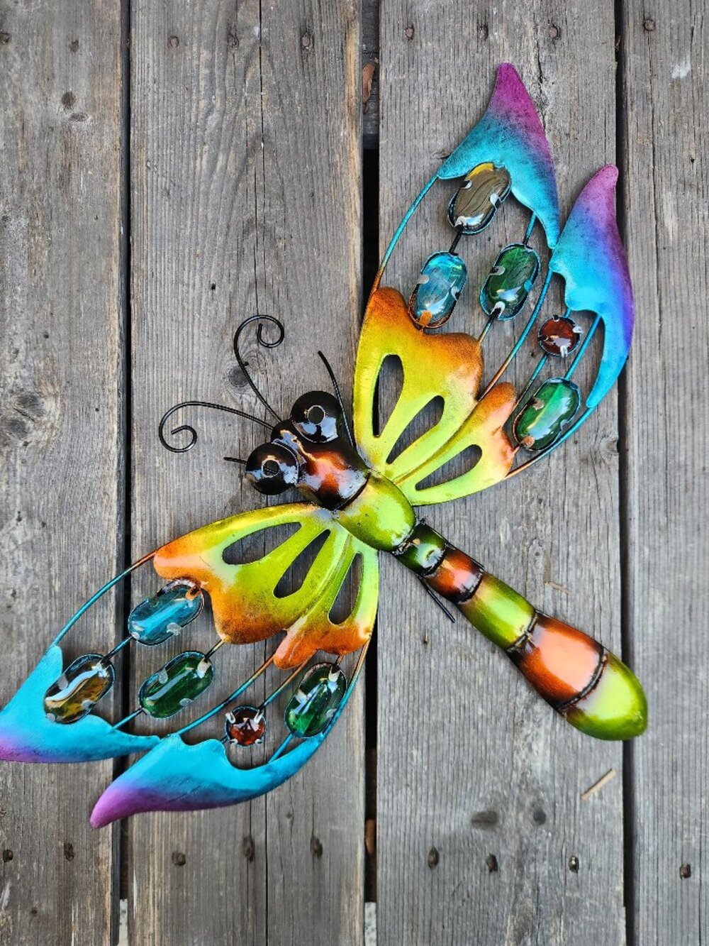 19" L Iridescent Metal Dragonfly With Glass Embellishments Wall/Fence Decor